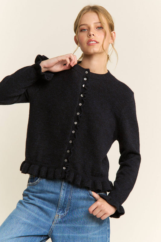 Navy Ruffle Trim Button-Up Cardigan -151015
