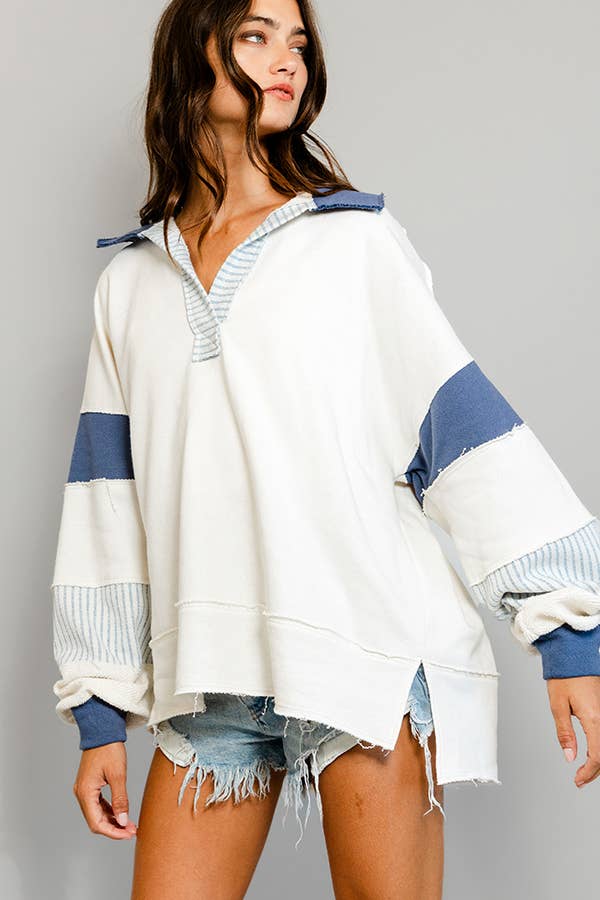 Ivory & Navy French Terry Knit Color-block Collared Loose Fit Top