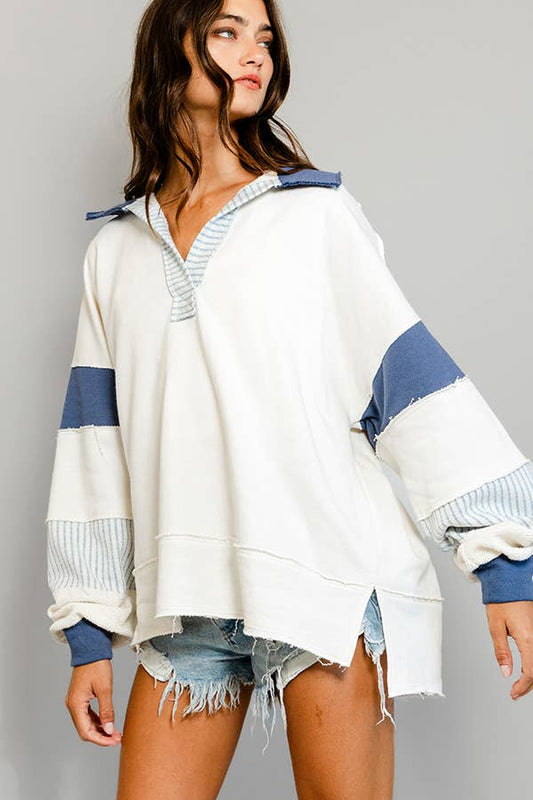 Ivory & Navy French Terry Knit Color-block Collared Loose Fit Top