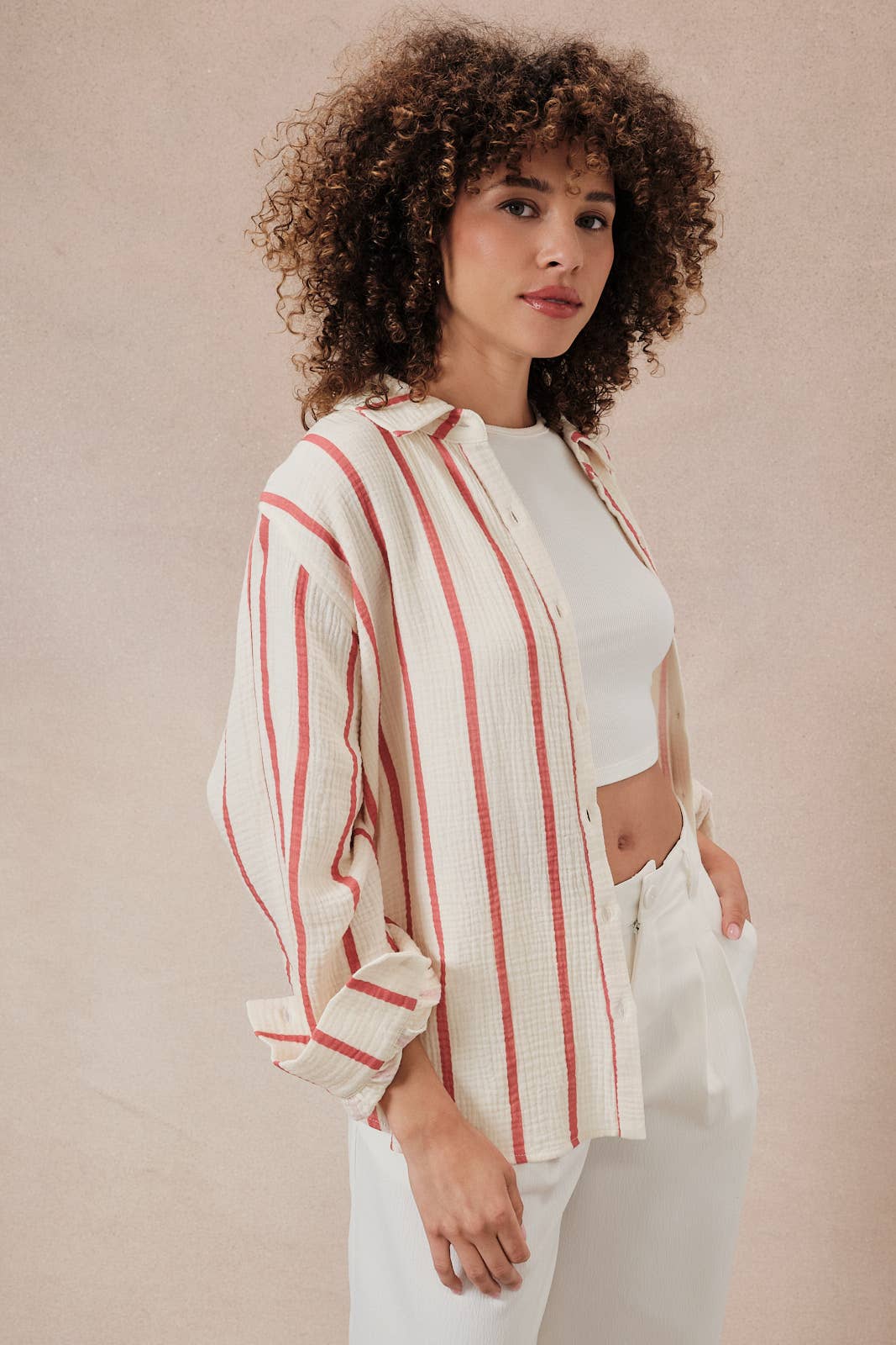 Cream and Red Stripe Dolman Long Sleeve Button Down Shirt-140647