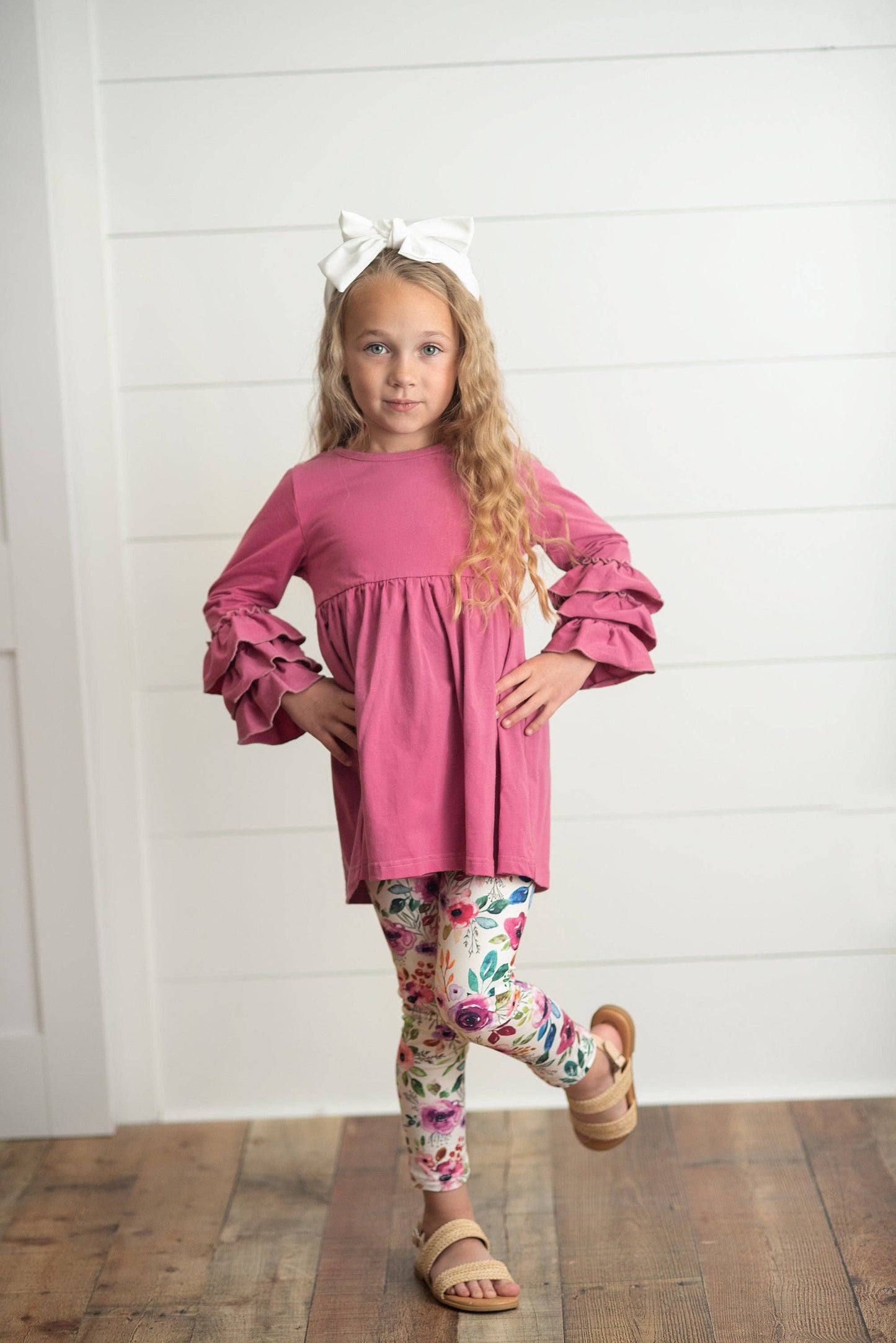 Pink Ruffle Sleeve Shirt & Floral Leggings Set