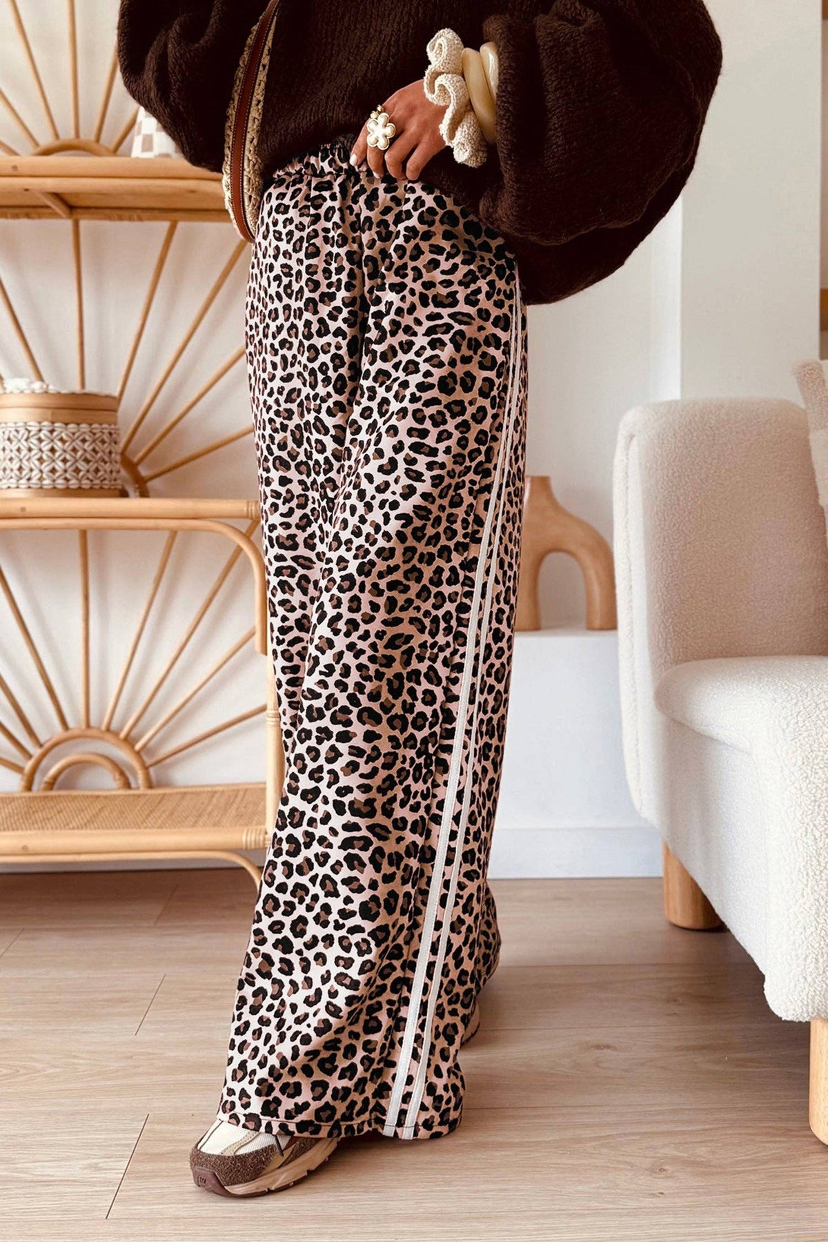 Beige Leopard Print Casual Wide Leg Pants-131520
