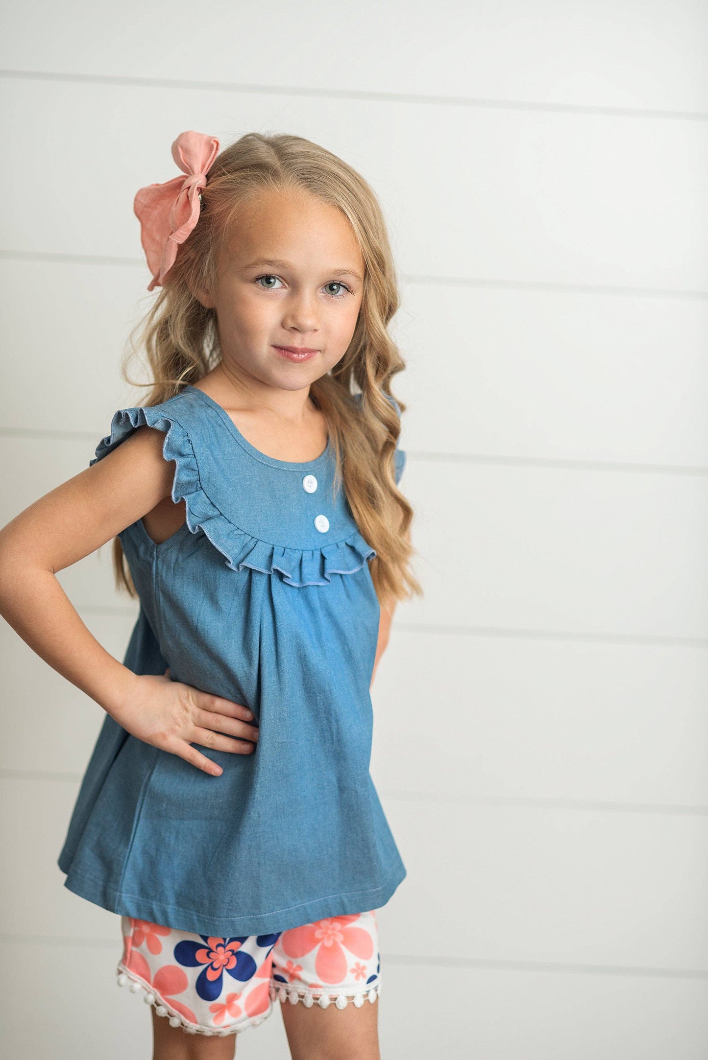 Girls Denim Flutter Top and Coral Floral Ruffle Short Set-171426