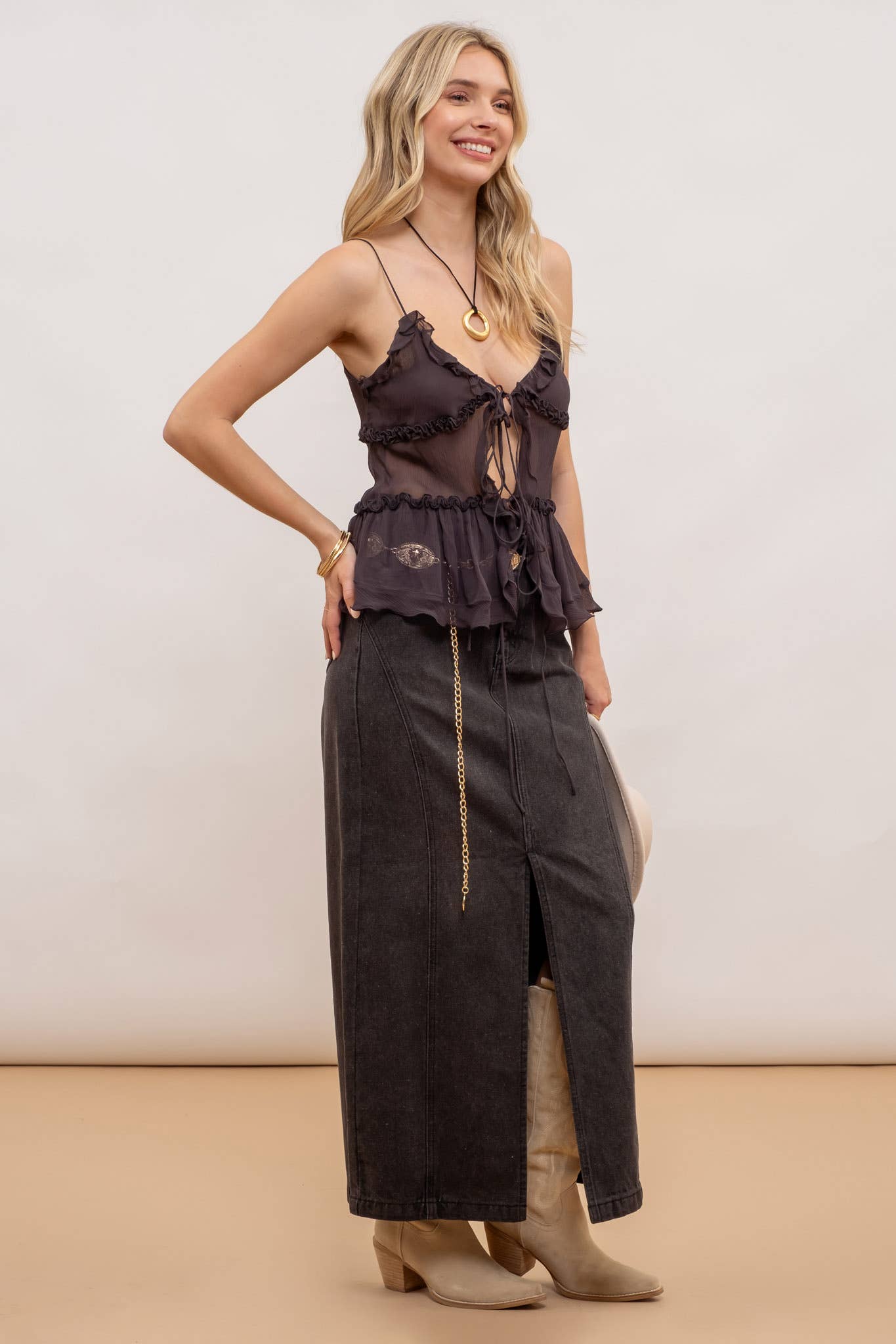 Long Black Denim Pencil Skirt