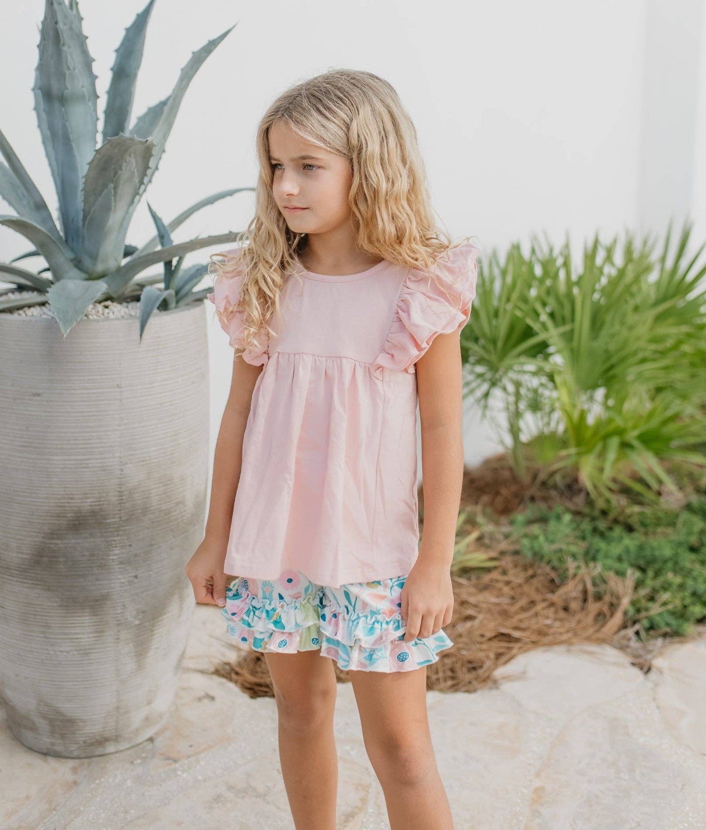 Girls Blush Ruffle Top and Floral Ruffle Short Set-171538