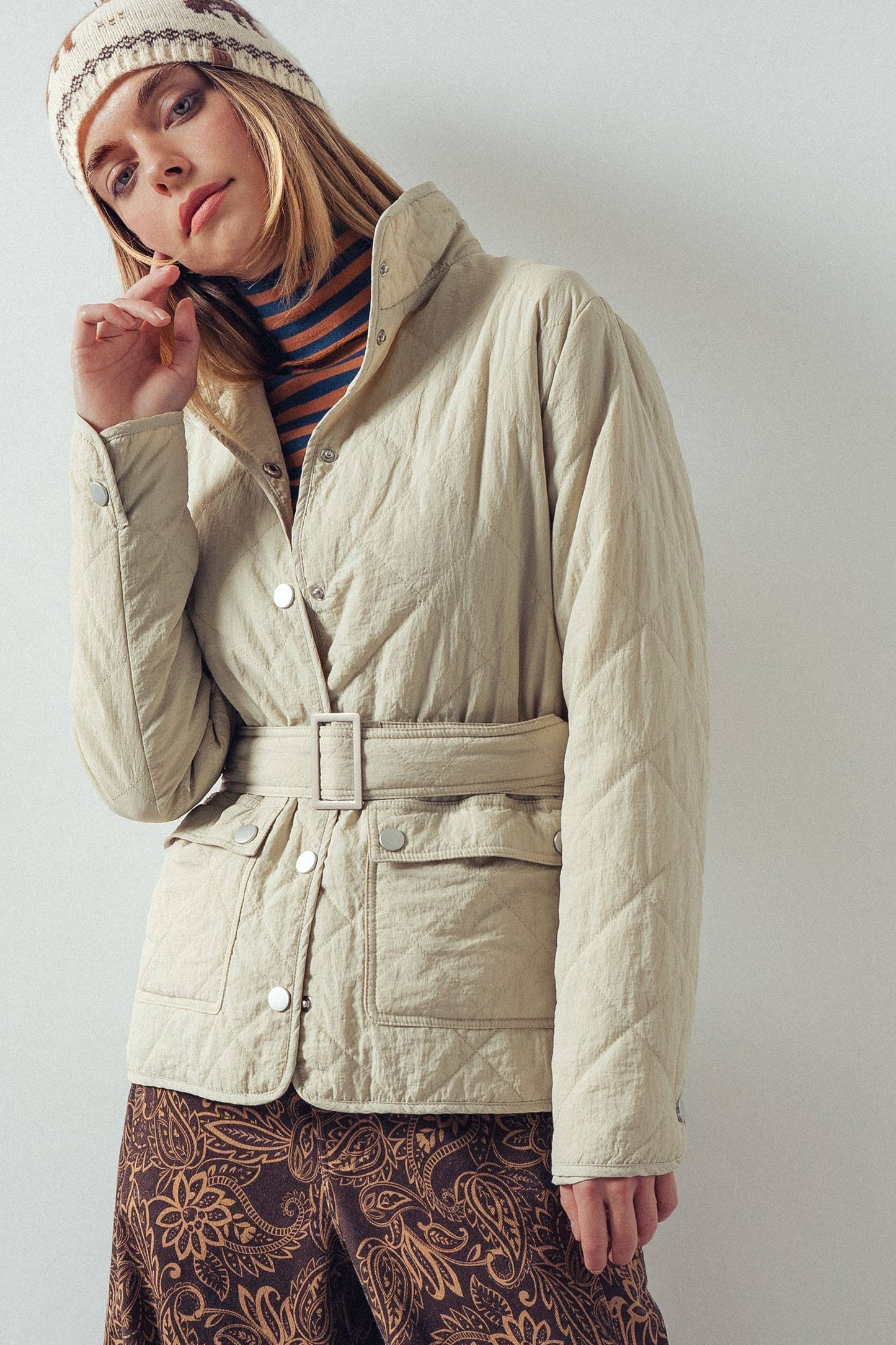 Lt Khaki Lauren Belted Diamond-Quilted Snap-Front Jacket