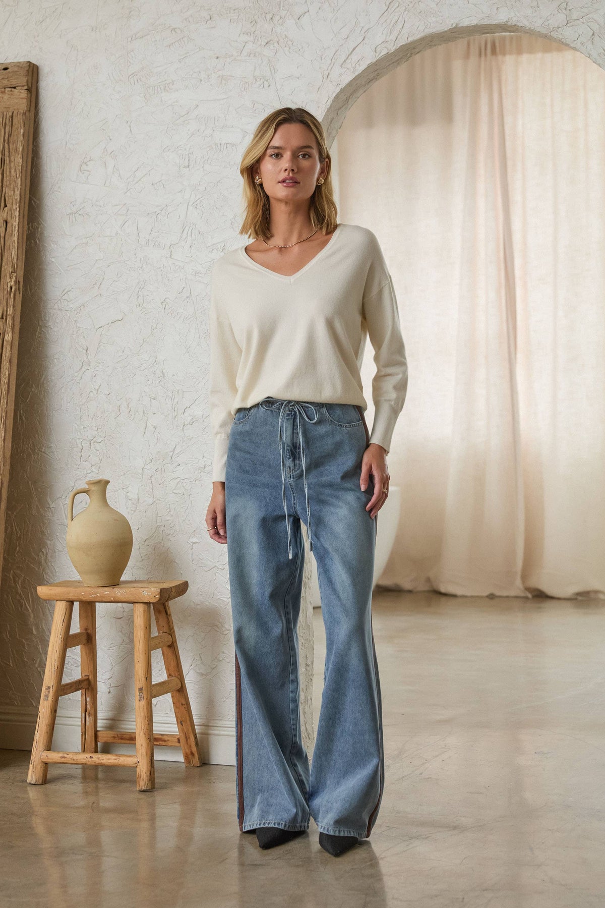 Washed Denim Pants w/ Faux Suede Side Line Detail-135518