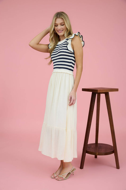 Navy and Cream Striped Summer Knit Vest Lined Maxi Dress