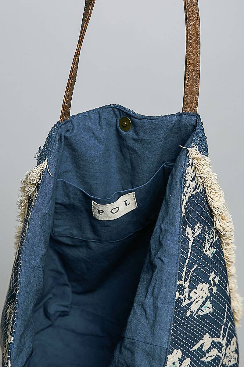 Blue and Beige Contrast Trim Textured Woven Denim Tote Bag - BAGQH2