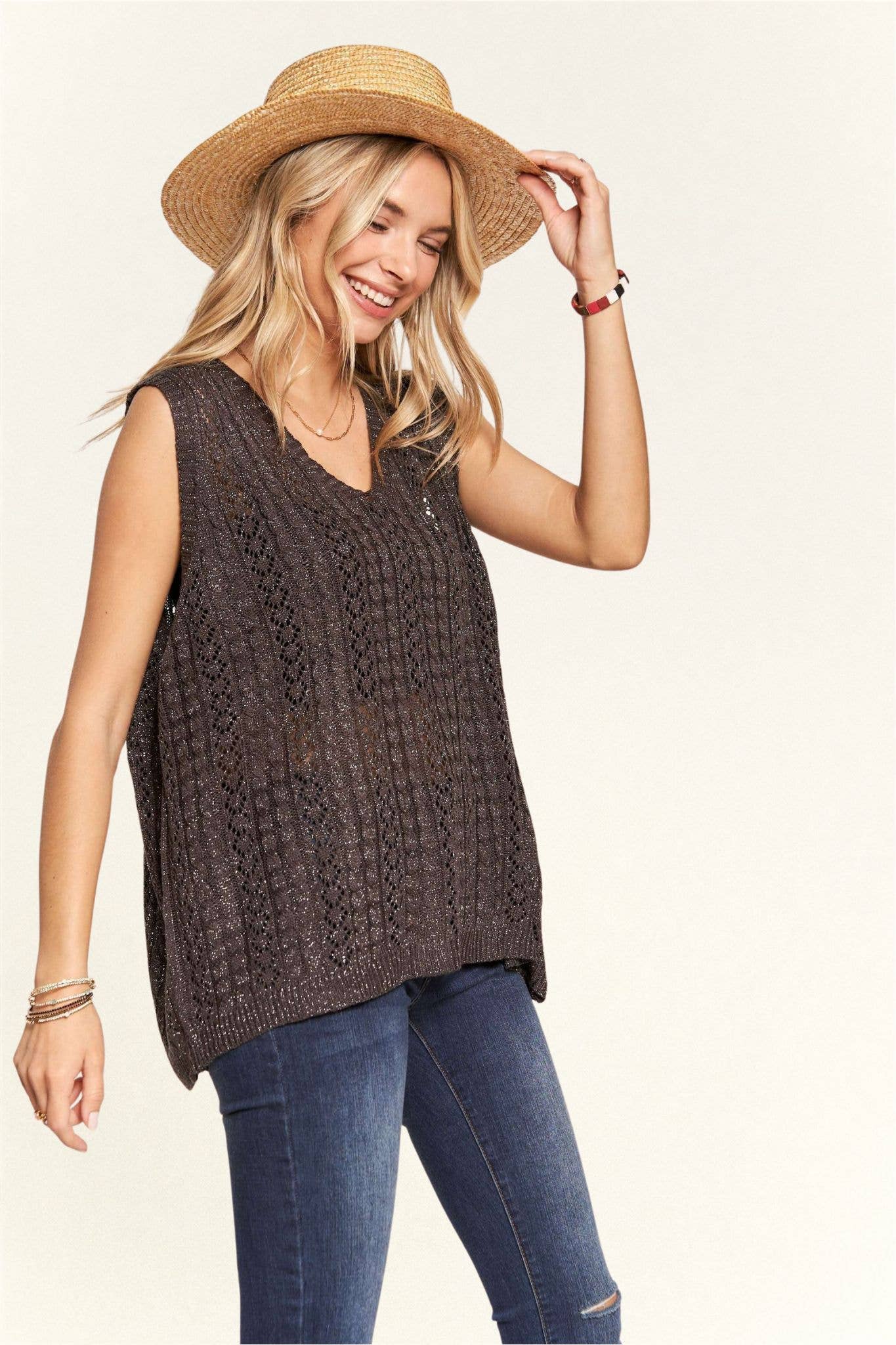 Grey Oversized Open Knit Vest /One size - 143302