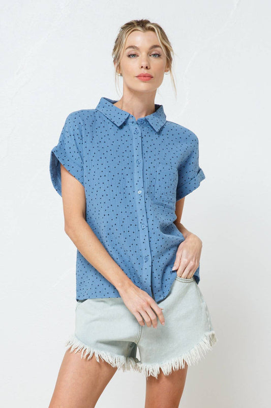 Blue Polka Dot Button-Up Top- 147822