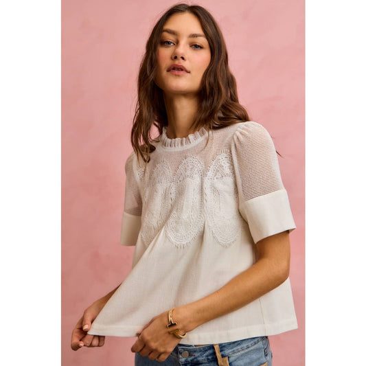 White Linen Blend Lace Trim Shirt-144039