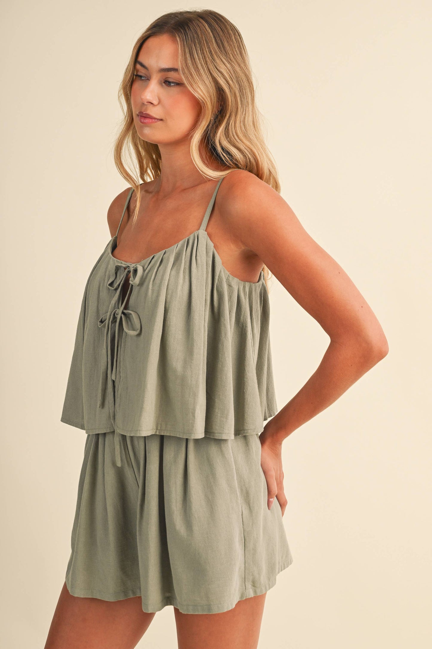 Light Olive Tired Flowy Romper-222474