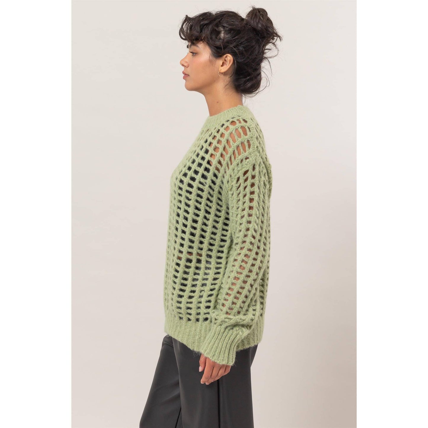 Pastel Green Open Fish Net Long Sleeve Sweater
