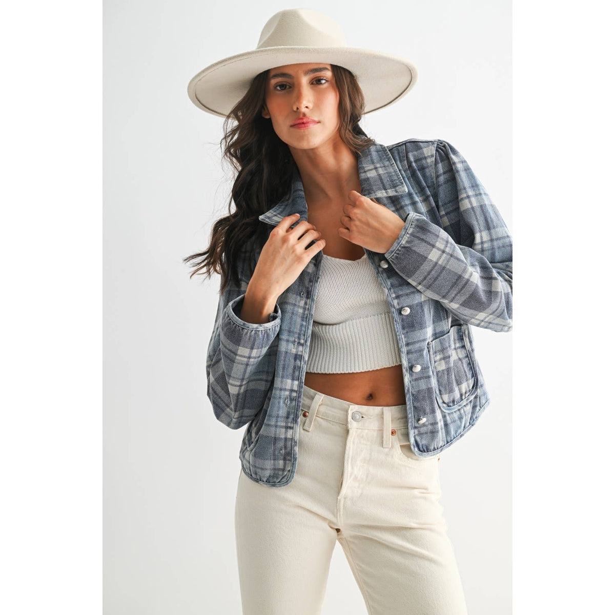 Blue Wash Denim Plaid Button-Front Jacket - 166324