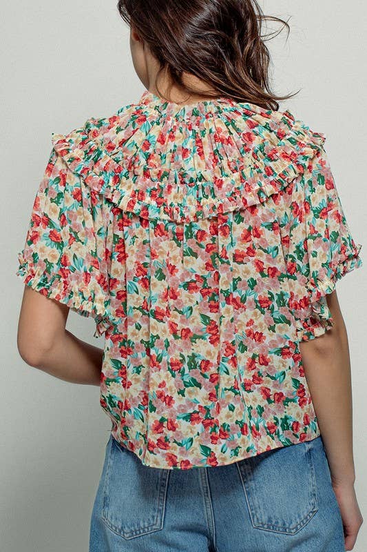 Aurora of Ruffle and Color Short Sleeve Blouse