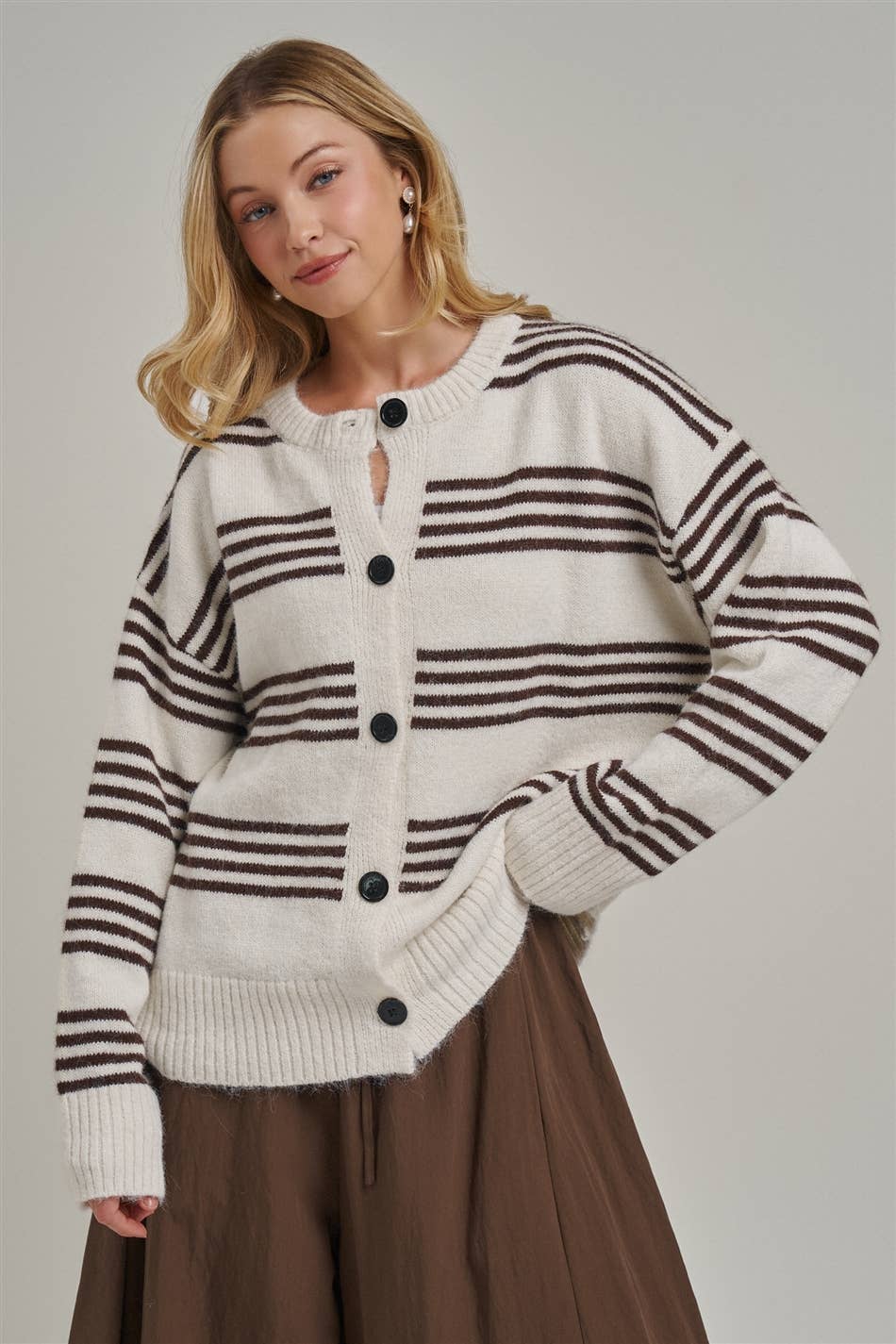 Ivory & Brown Oversized Striped Button-Down Cardigan-150316