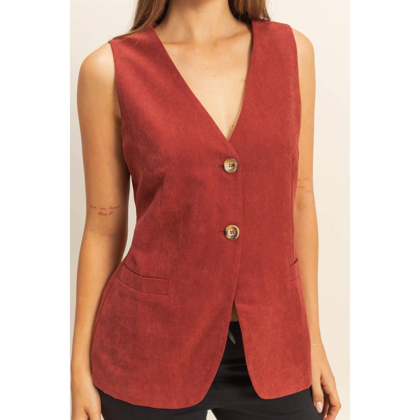 Black Soft Light Velvet Sleeveless V-Neck Tailored Button Vest