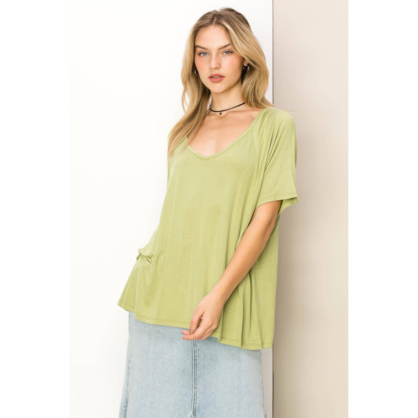 Oversized V-Neck Short Sleeve Top: PALE OLIVE