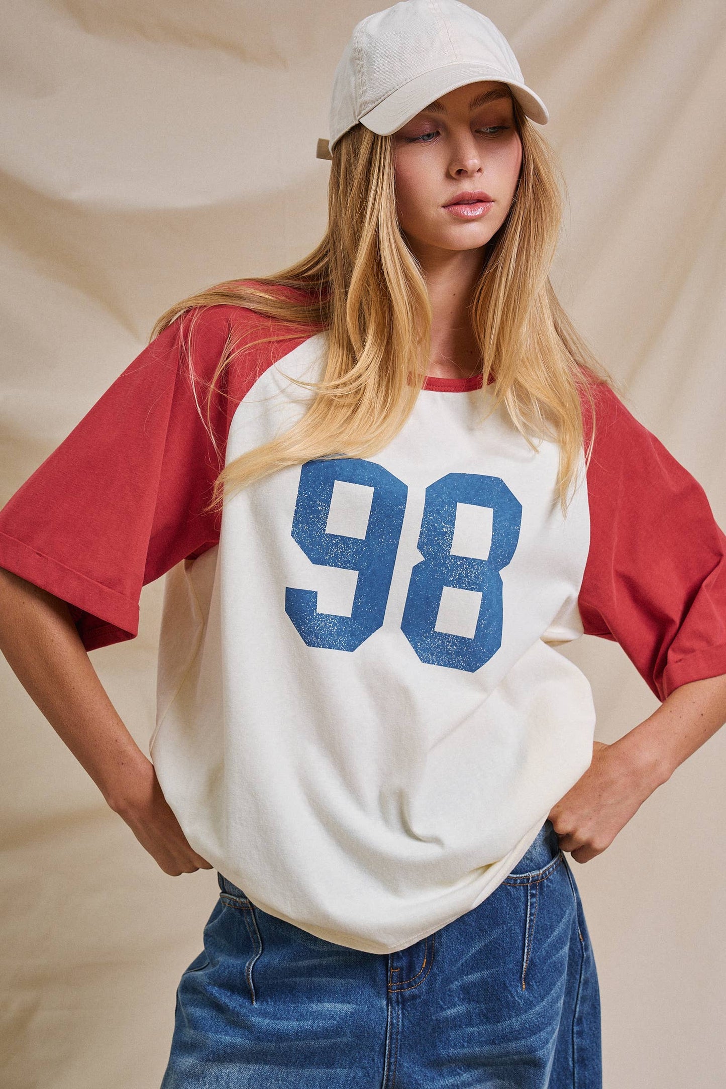 Ivory and Red Vintage Varsity  Cotton Baseball Tee - 141381