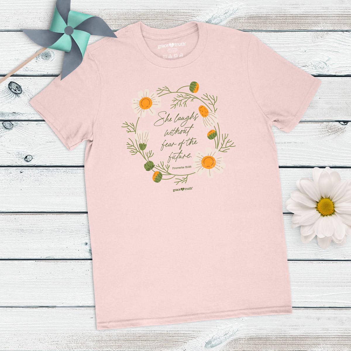 Blush Pink 'Laugh Daisies' Womens T-Shirt-106129