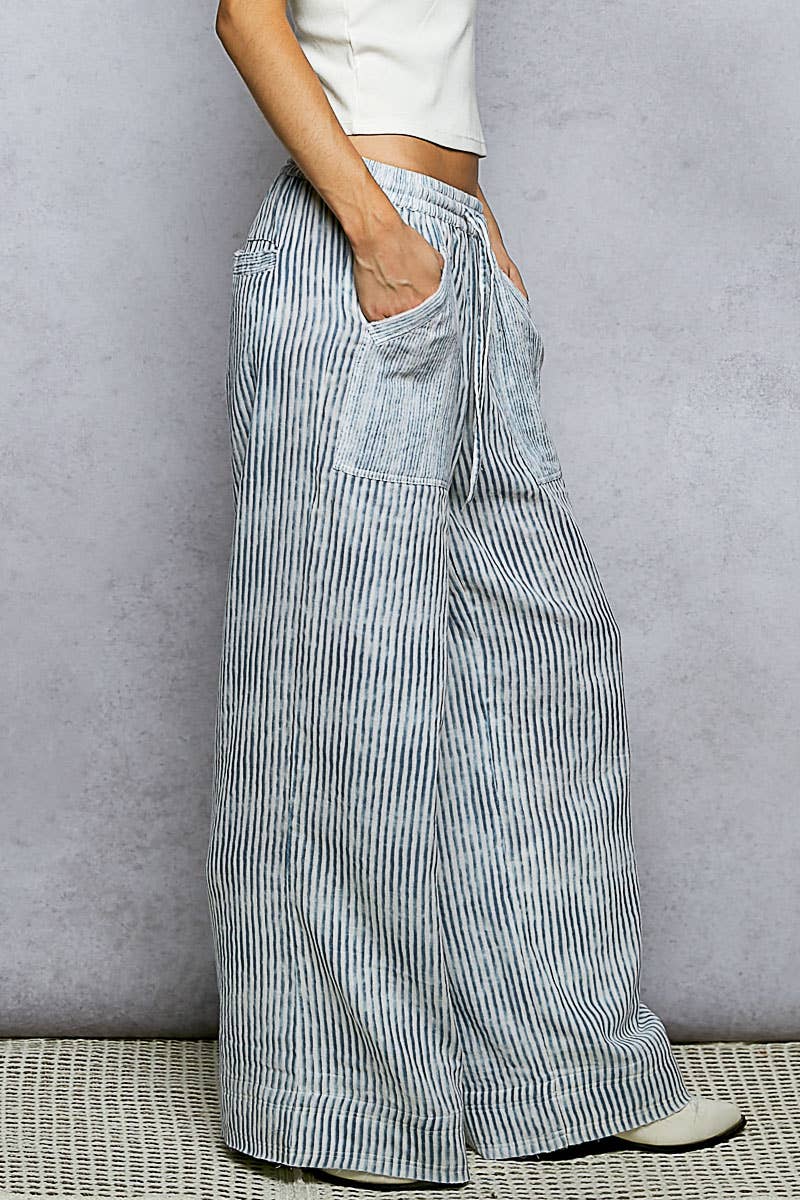 Blue Striped Big Pocket Straight Fit Pants-131018