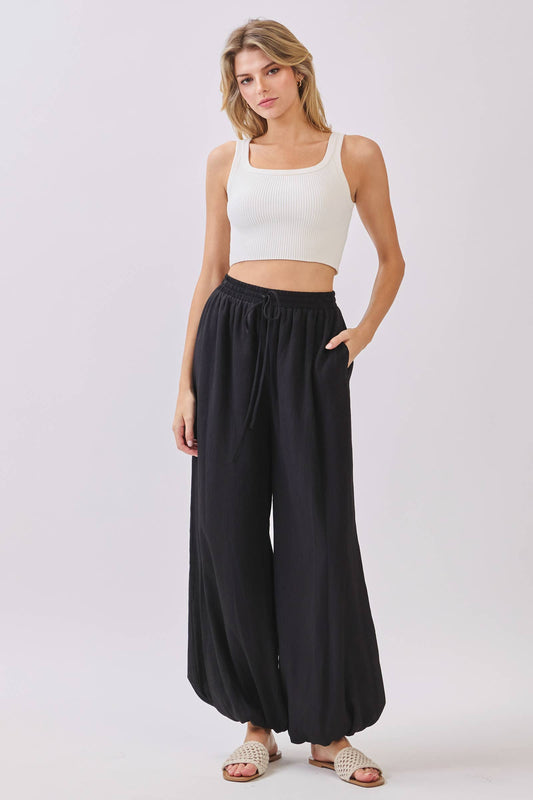 Black Lined Flowy Gathered Wide Leg Pants