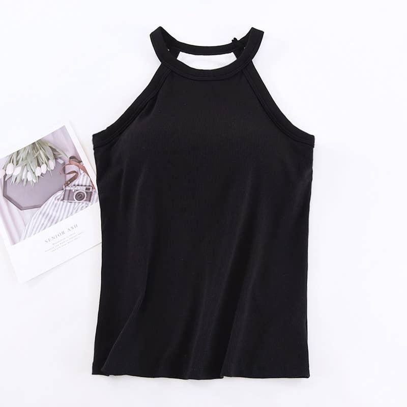 Black Round Neck Halter Built-In Bra Tank Top- 180444