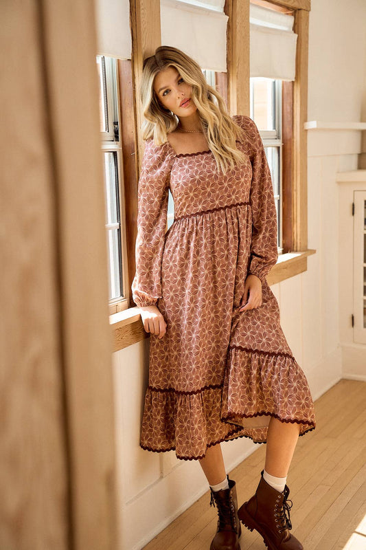 Floral Terra Cotta Square Neck Lace Tiered Midi Dress