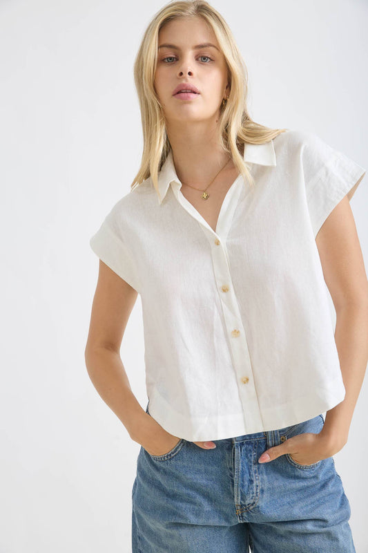 White Linen Cap Sleeve Button Down Top