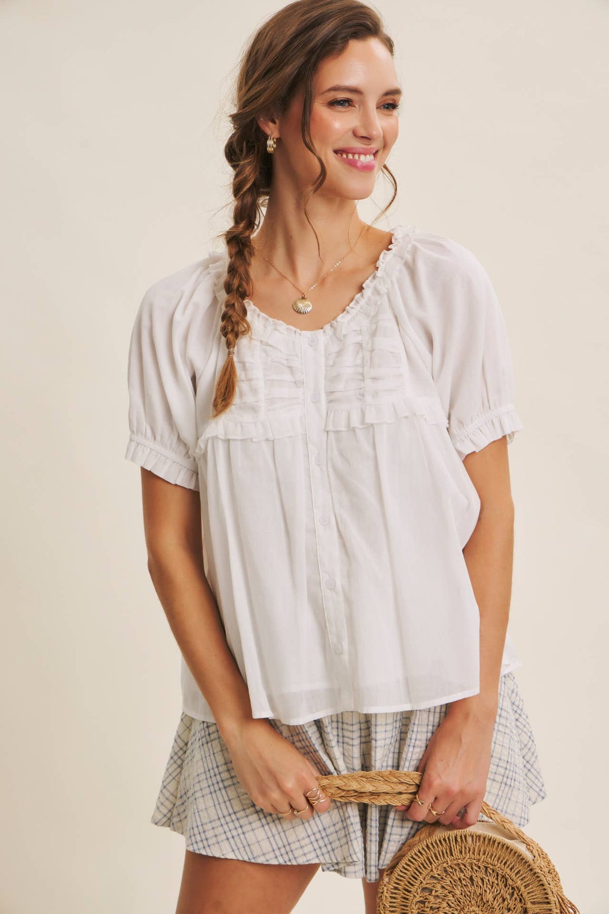 White Delicate Ruffle Cotton Blouse-141960
