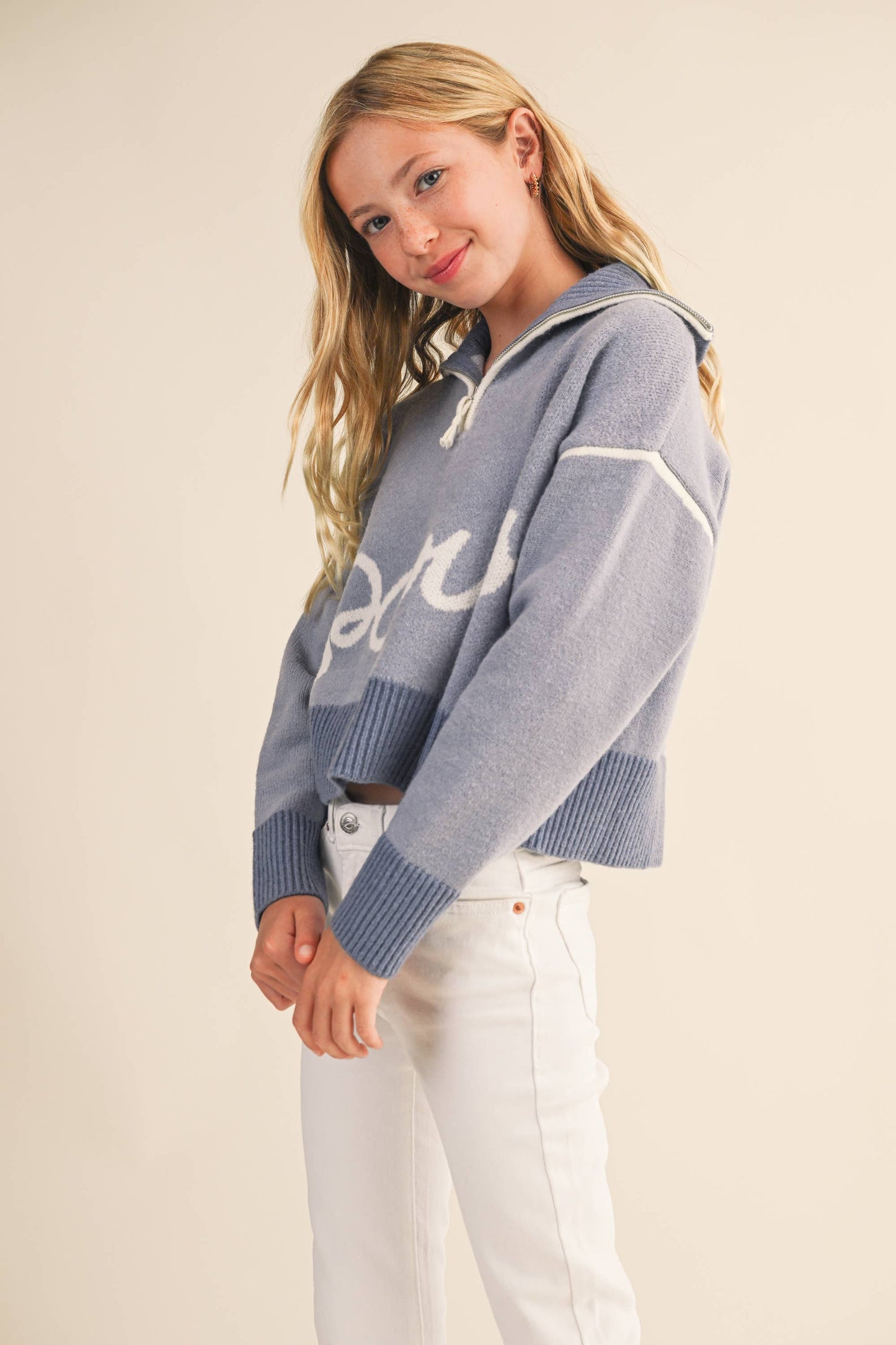 Periwinkle Blue "Paris' Half Zip Collar TWEEN Sweater