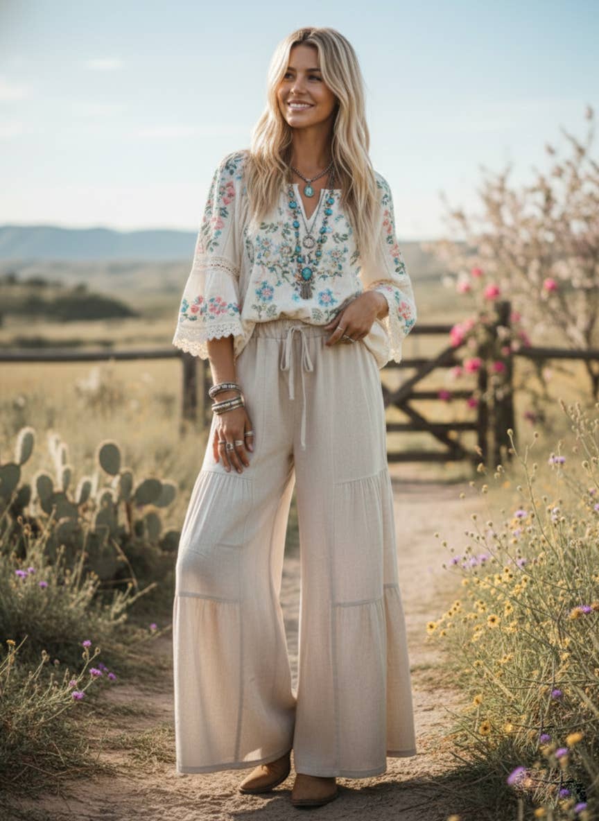 Natural Linen Blend Wide Leg Palazzo Pants-132214
