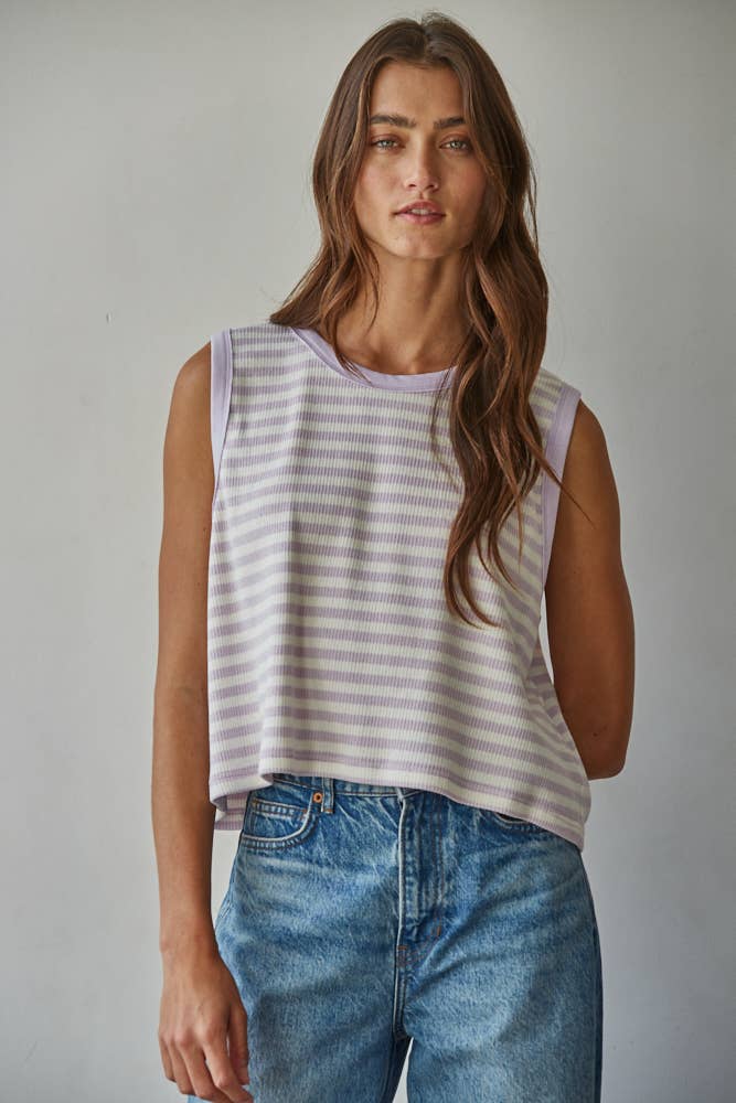 Lavender and White Striped Knit Cotton Spandex Ribbed Sleeveless Top - 149705