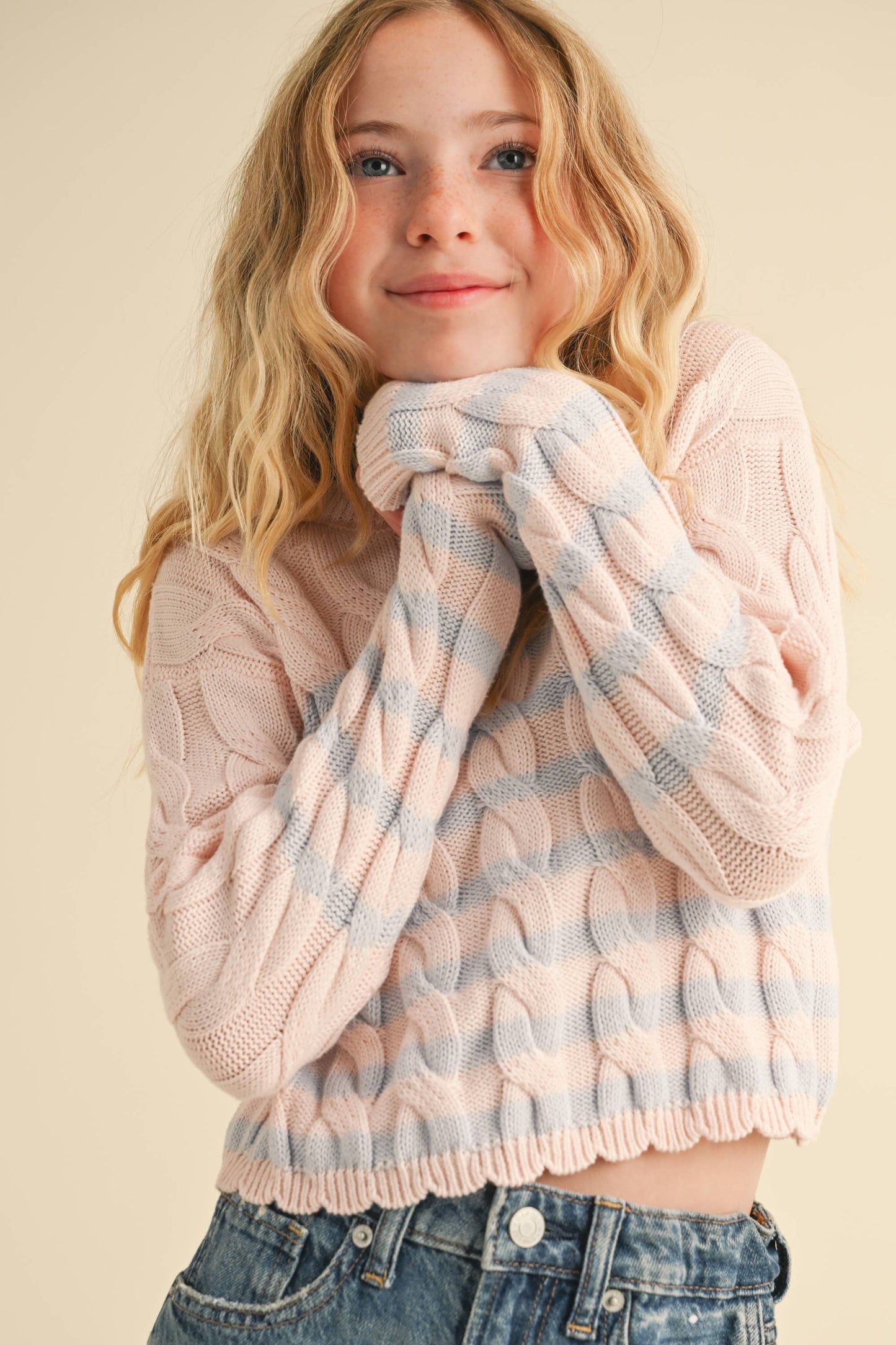 Blush and Blue Cable Knit Boxy Sweater