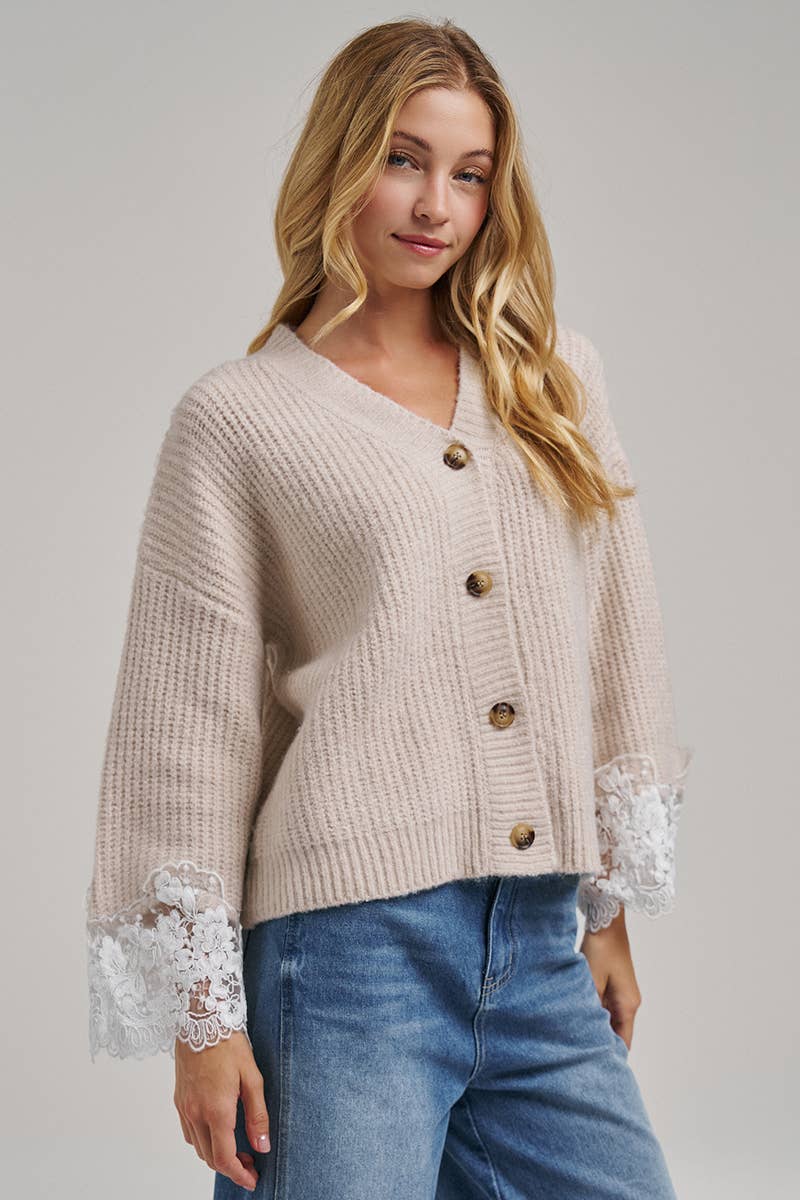 Oatmeal V-Neck Lace Cuff Cardigan-150428