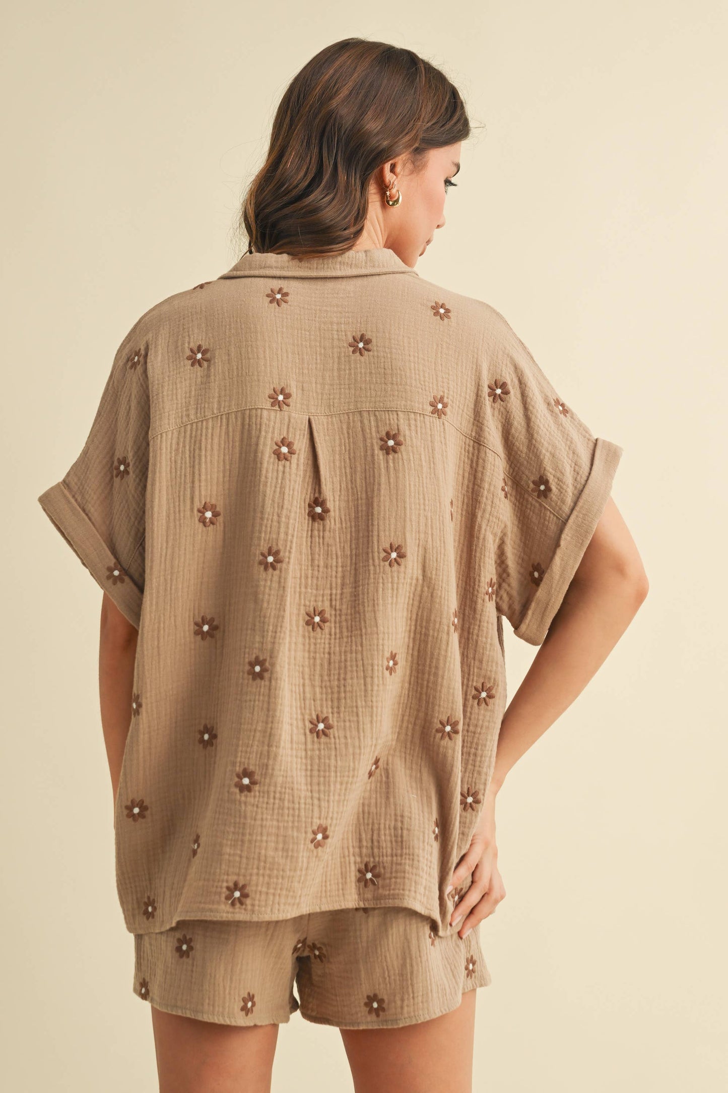 Mocha Embroidered Flower Cotton Short Set