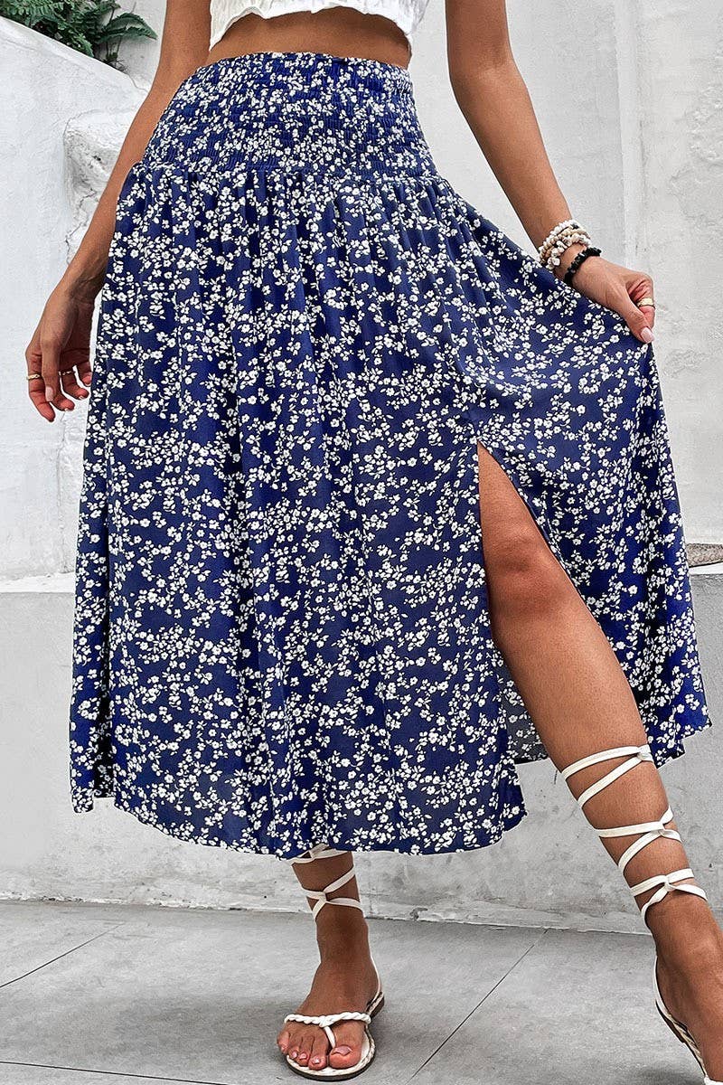 Blue and White Florally Print Smocking Flirty Midi Skirt