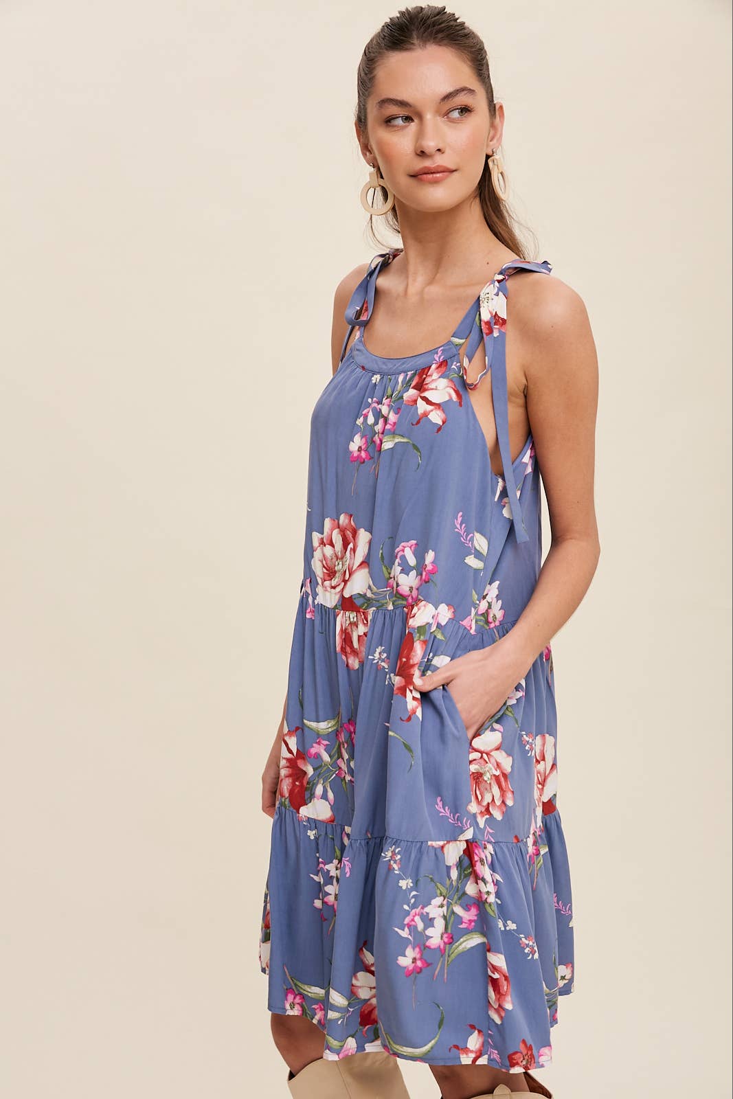 Blue Floral Tie-Shoulder Tiered Dress- 121202