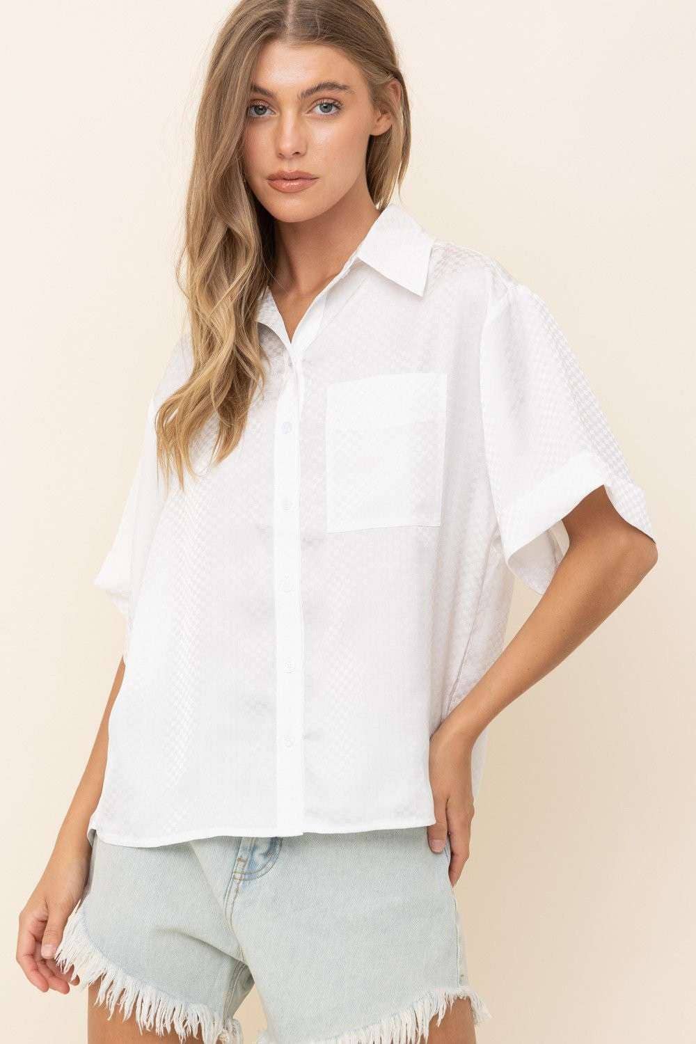 White Isla Textured Button-Up Oversized Top