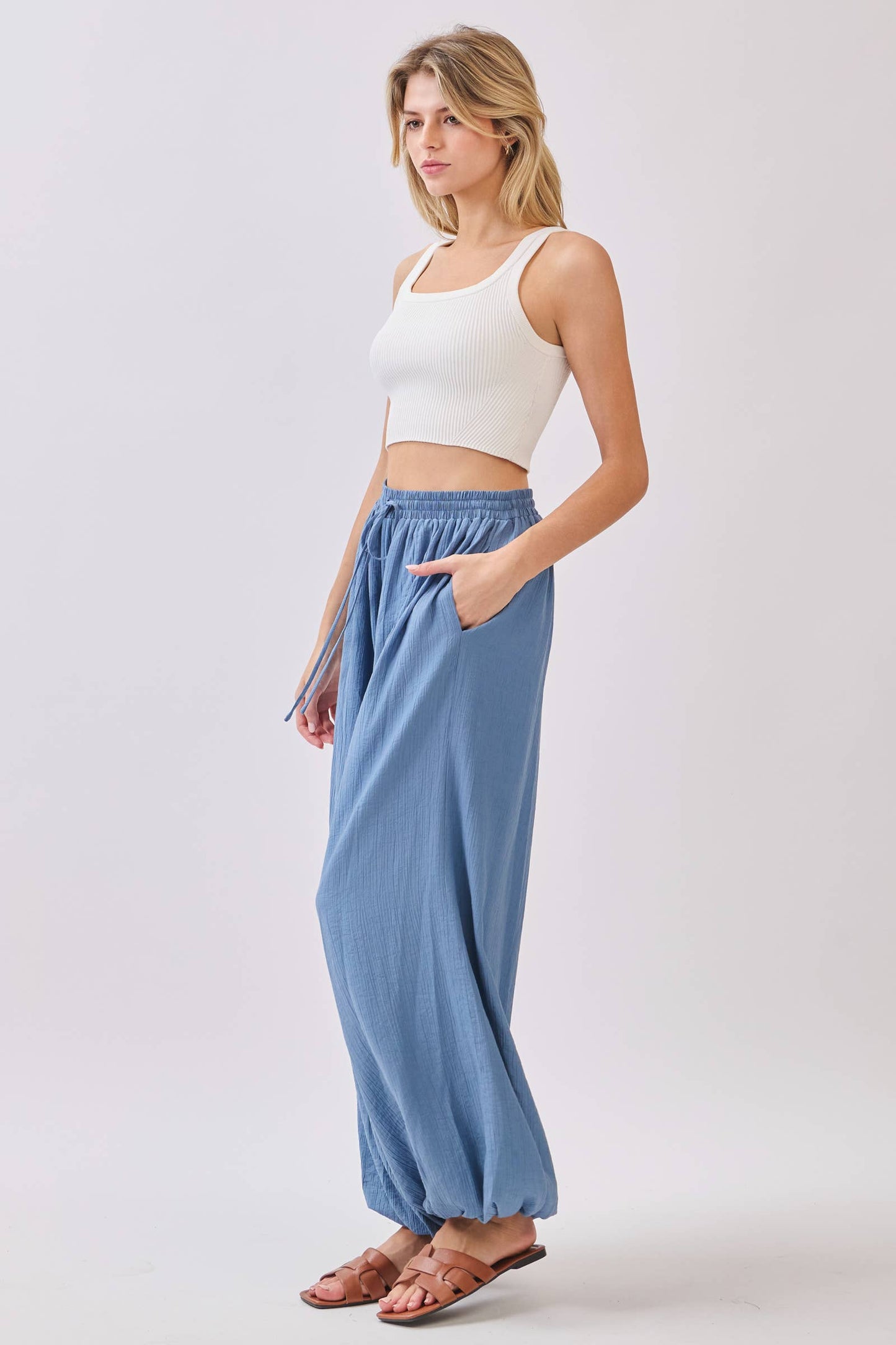 Slate Blue Flowy Gathered Wide Leg Pants