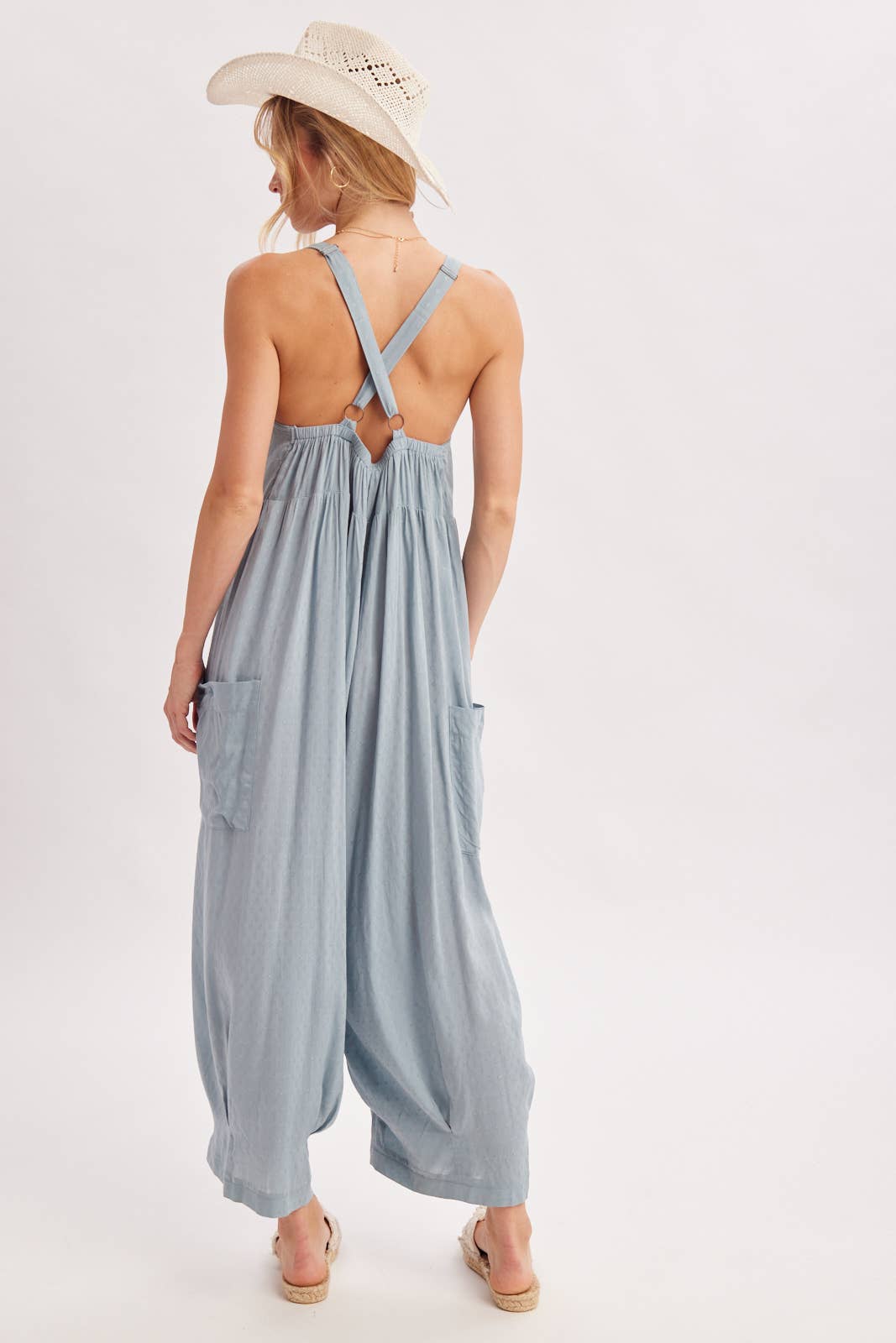 Chambray Boho Cross-Back Jumpsuit-133181