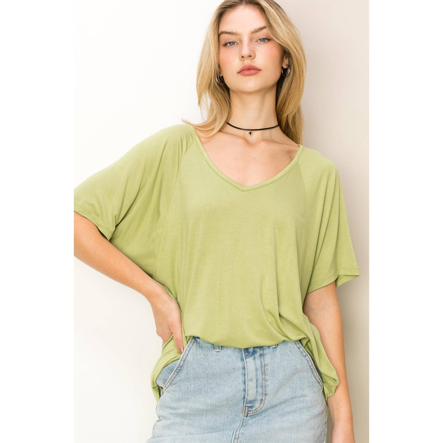 Oversized V-Neck Short Sleeve Top: PALE OLIVE