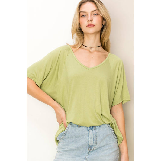 Oversized V-Neck Short Sleeve Top: PALE OLIVE