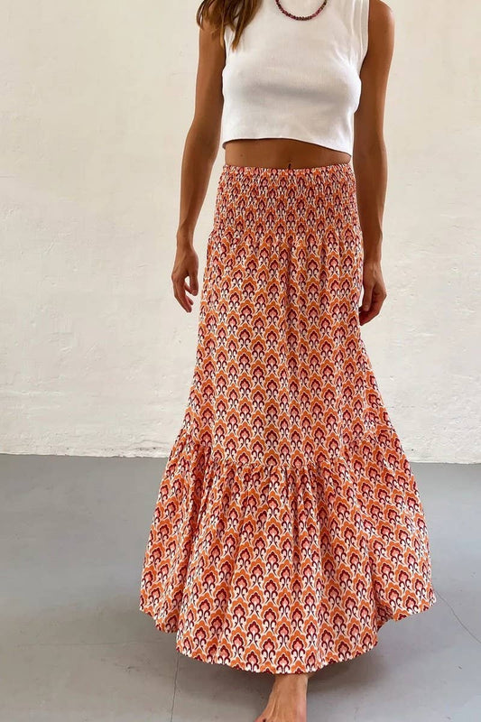 Orange Summer Sunburst Design Tiered Maxi Skirt