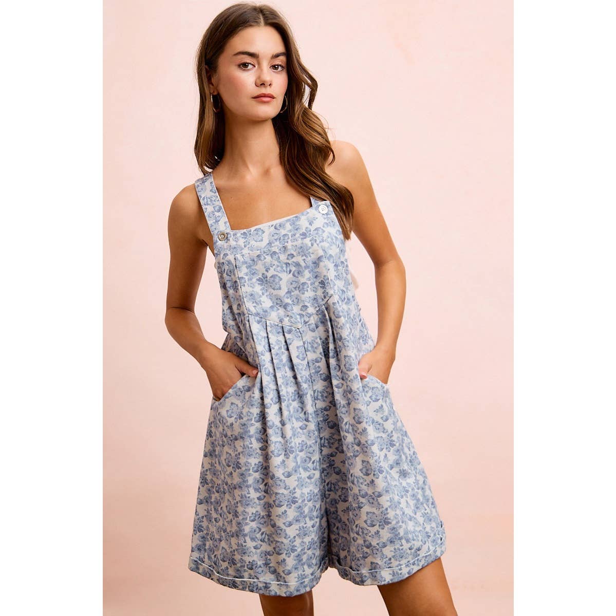 Blue Flower Printed Washed Twill Denim Shortall- 121162
