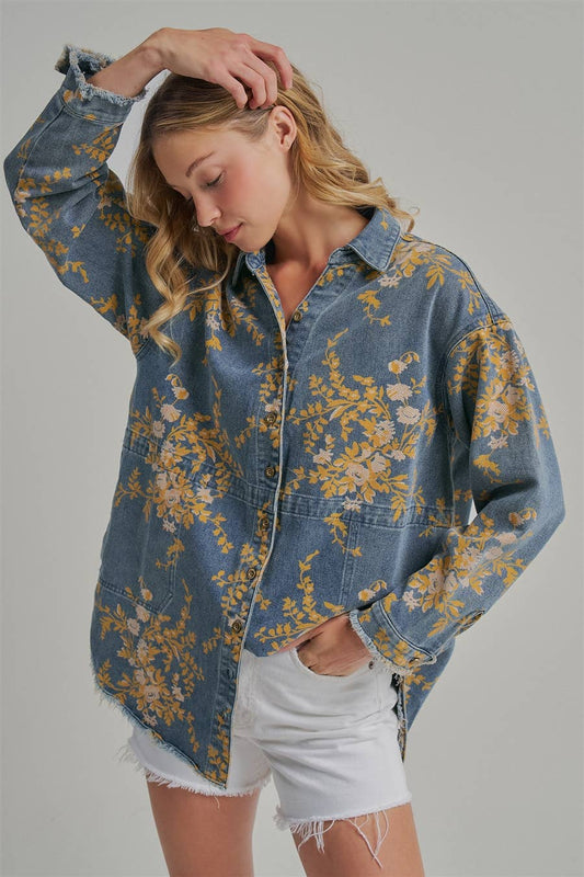 Floral Denim Relaxed Fit Shirt - 141596