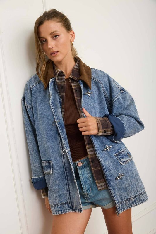 Denim Washed Contrast Collar Jacket-161002