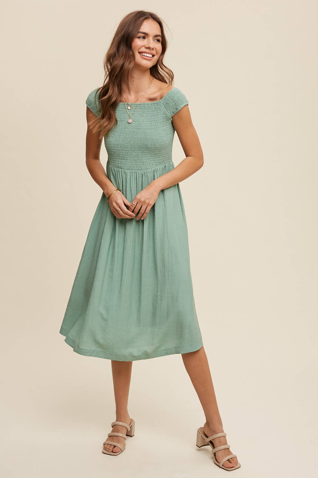 Jade Green Ruched Bodice Midi Dress- 121343