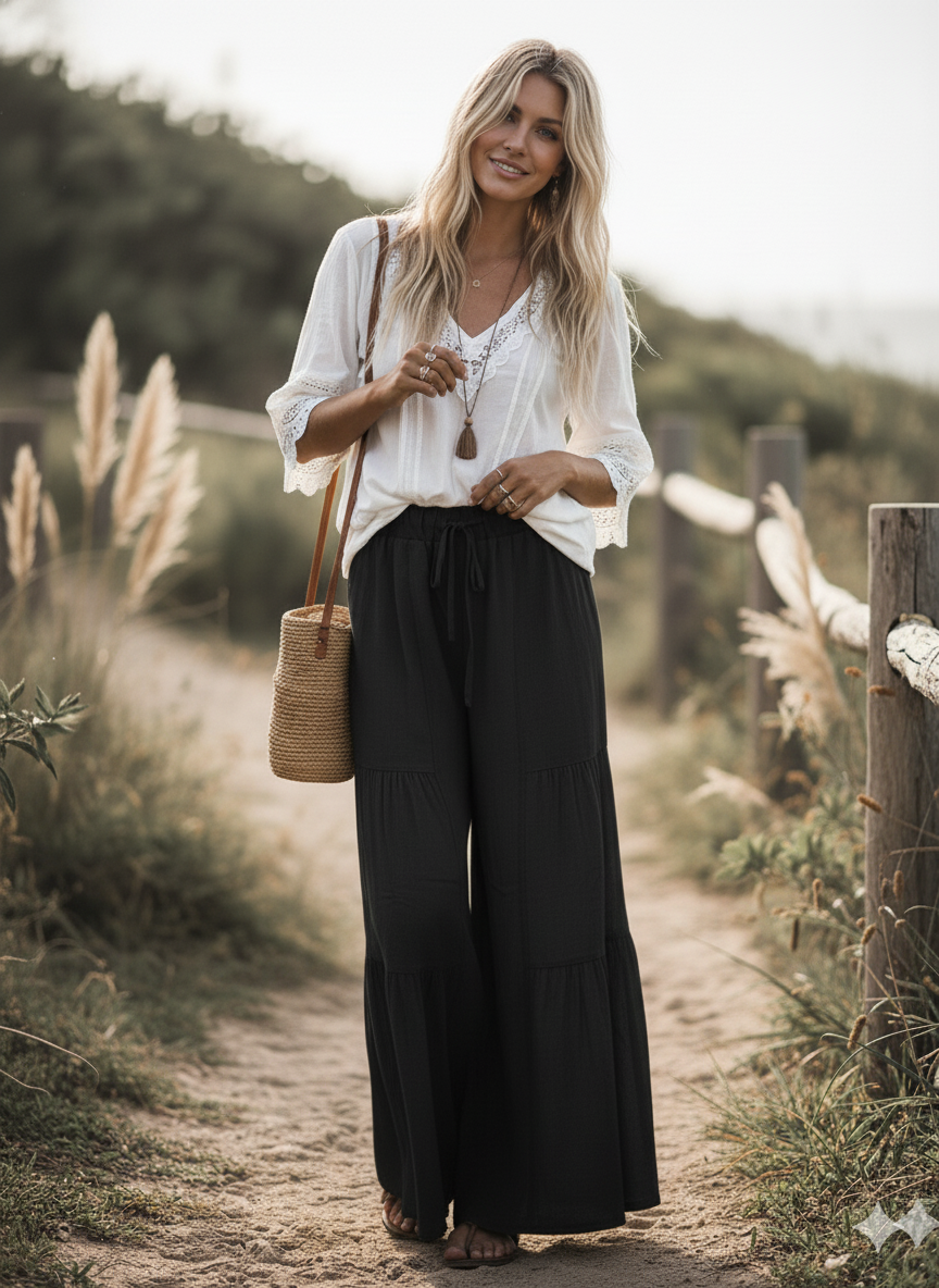 Black Linen Blend Wide Leg Palazzo Pants-132214
